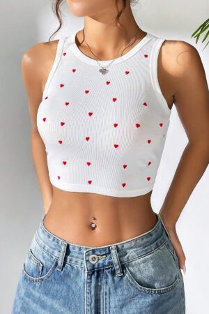 Beyaz Kalp Desenli Halter Yaka Crop Bluz 7503