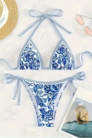 Mavi Etnik Desenli Üçgen Bikini Takımı M-9003